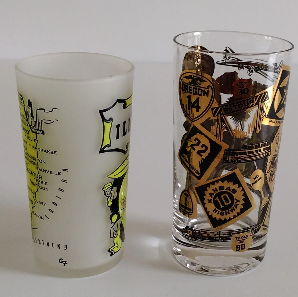 Chicago Road Trip Highball Glass and Hazel Atlas Illinois Frosted Glass